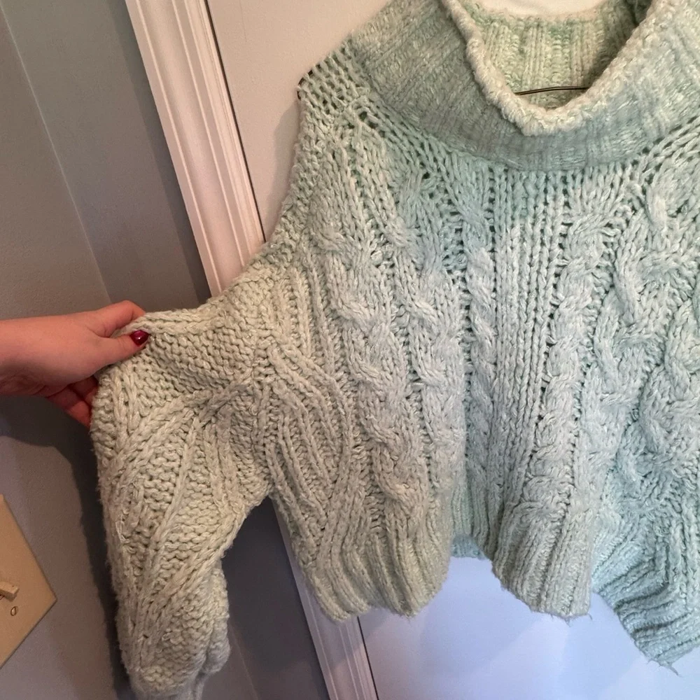 Anthropologie Light Green Cable Knit Turtleneck Sweater - Picture 3 of 6